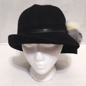 Women’s Black Wool Blend Bucket Hat Faux Fur Pompoms Cozy Winter Accessory